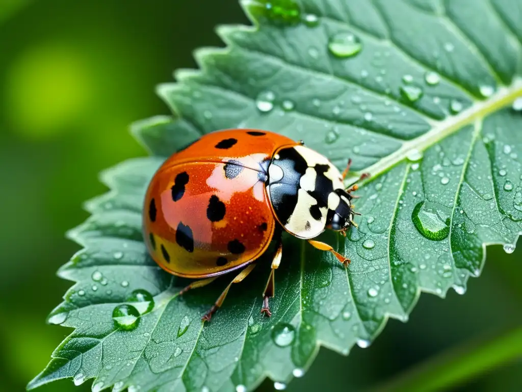 Una mariquita descansa sobre una hoja verde con rocío, destacando la importancia de insectos en control biológico