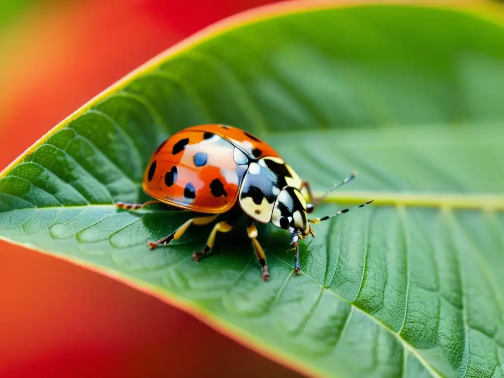 Una mariquita descansa sobre una hoja verde, mostrando sus intricados patrones