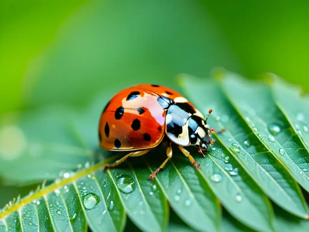 Una mariquita descansa sobre una hoja verde, con patrones detallados en sus alas rojas