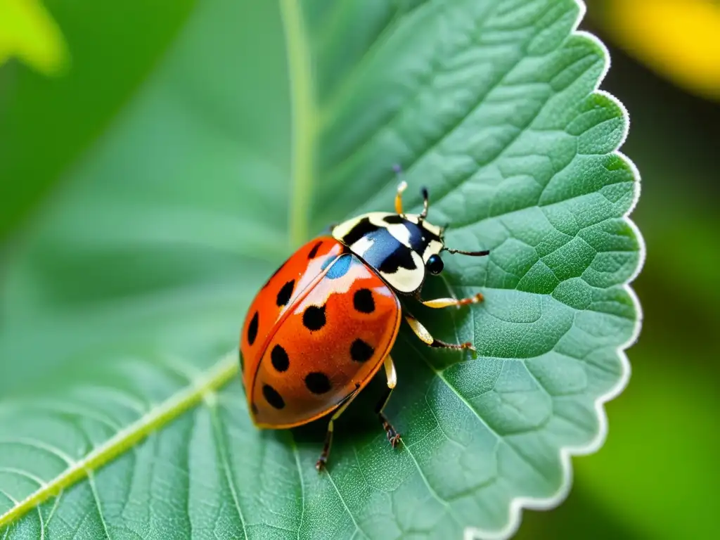 Una mariquita en una hoja verde, mostrando sus patrones detallados y sus delicadas alas