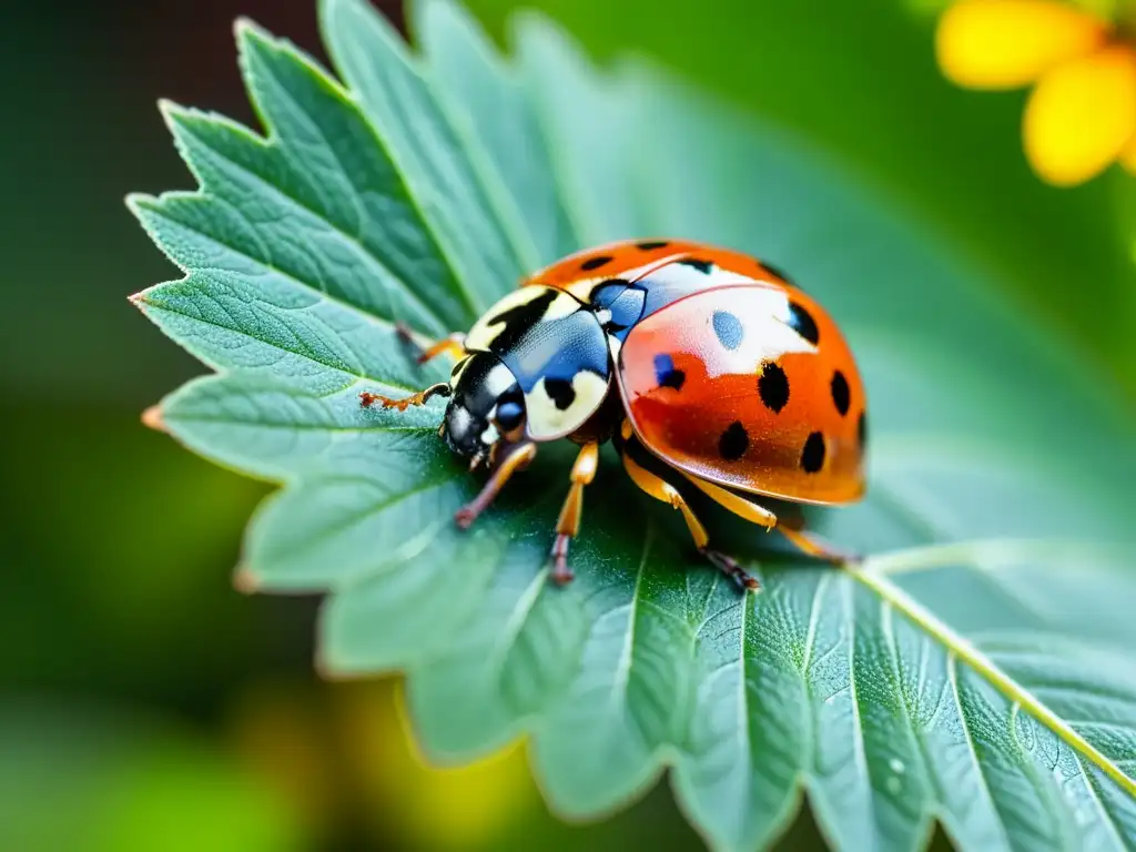 Una mariquita en una hoja verde, con patrones detallados y luz dorada