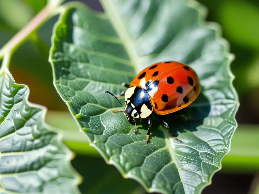 Una mariquita descansa en una hoja verde, prevención de plagas en invernaderos naturales