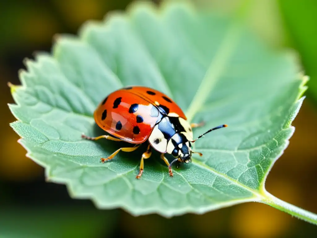 Una mariquita se posa en una hoja verde mientras se alimenta de un pulgón