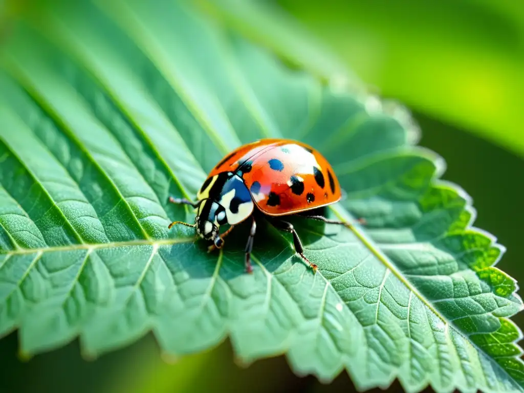 Una mariquita descansando en una hoja verde resplandeciente, destacando la importancia de la depredación natural de plagas en el equilibrio ecológico