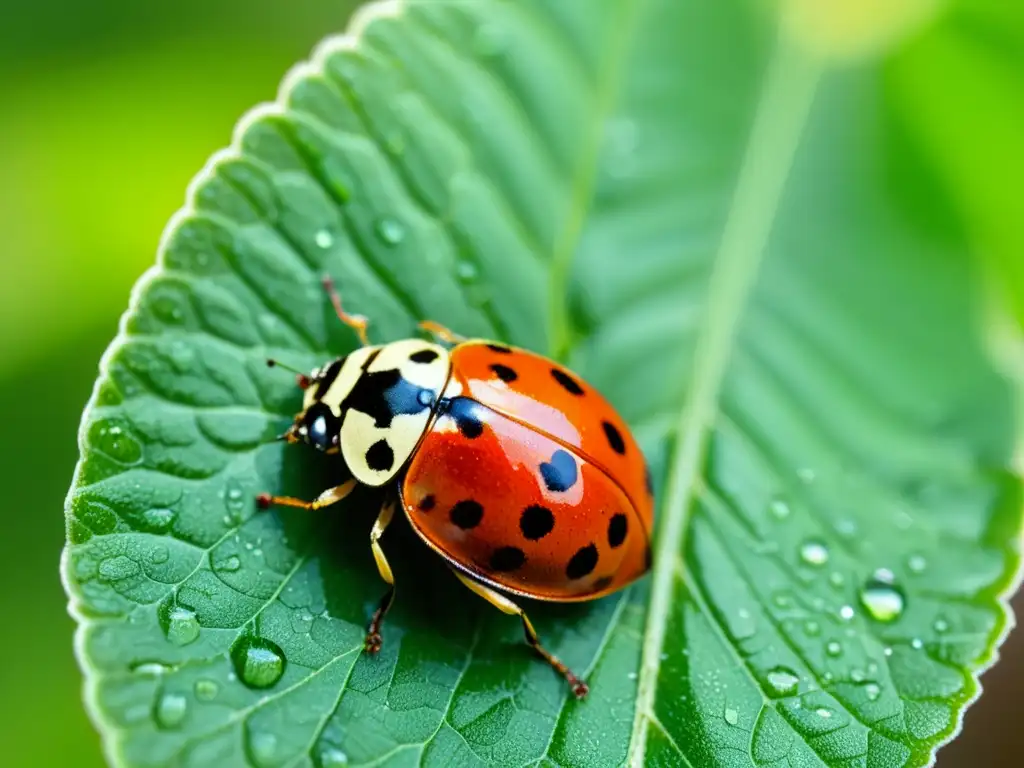 Una mariquita descansa sobre una hoja verde vibrante, mostrando sus detallados patrones