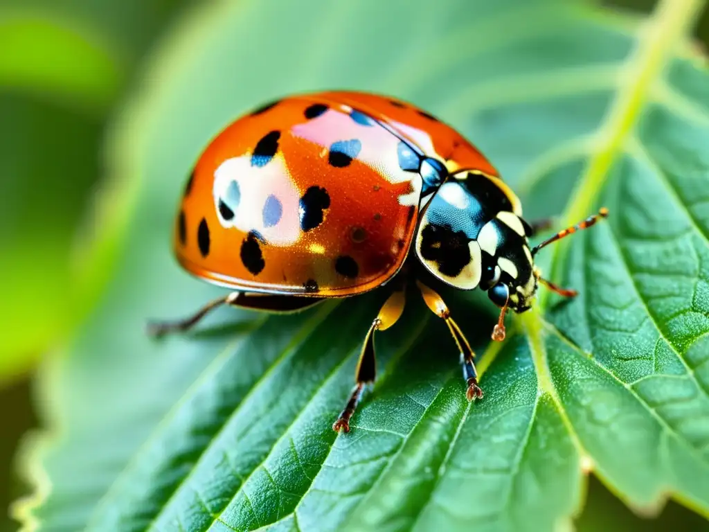 Una mariquita descansa en una hoja verde vibrante, con su caparazón rojo y negro y sus delicadas alas totalmente visibles