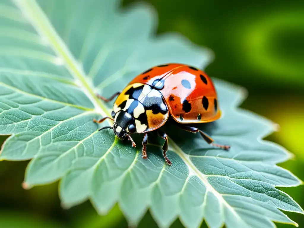 Una mariquita descansa sobre una hoja verde vibrante, con detalles intrincados de sus alas rojas y patas delicadas