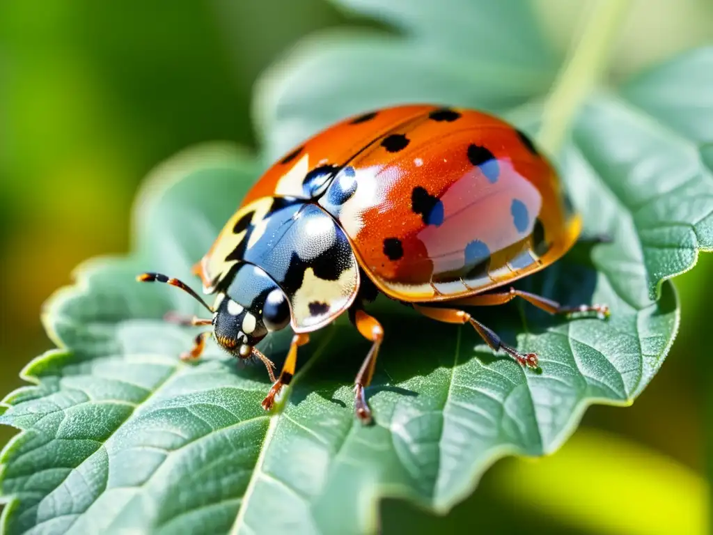 Una mariquita en una hoja verde vibrante, resaltando la importancia de los insectos beneficiosos en control de plagas en la ecología agrícola