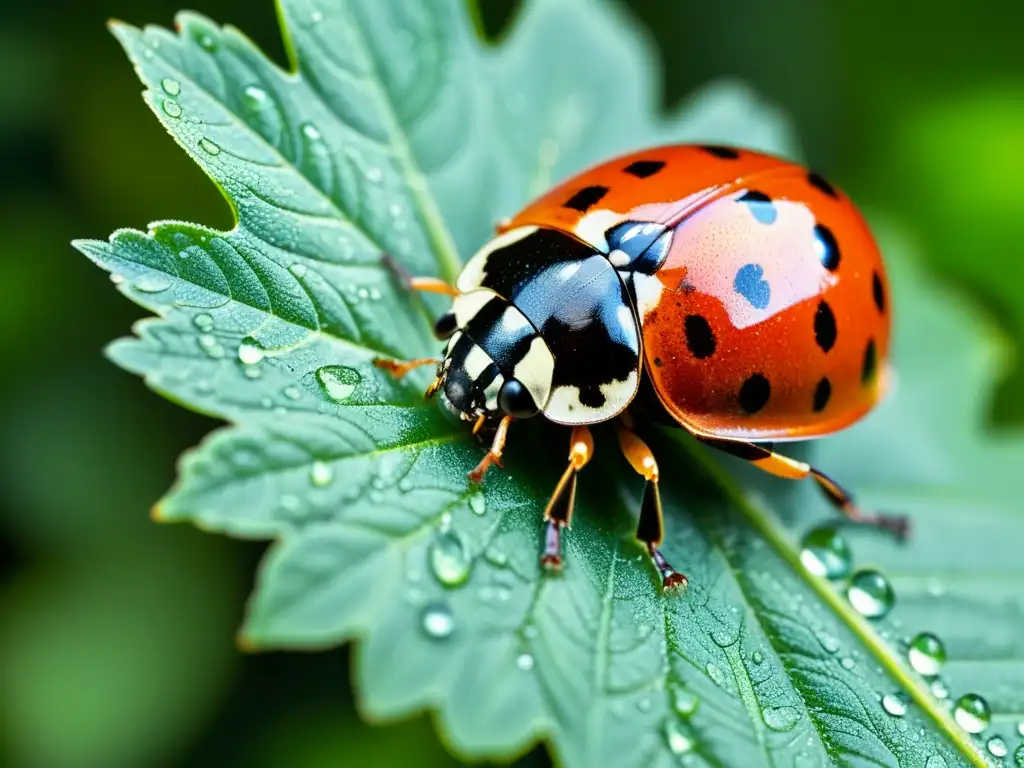 Una mariquita se desliza sobre una hoja verde vibrante con rocío, en una macrofoto serena