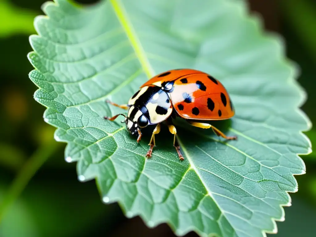 Una mariquita descansa en una hoja verde vibrante, con sus alas rojas y negras desplegadas