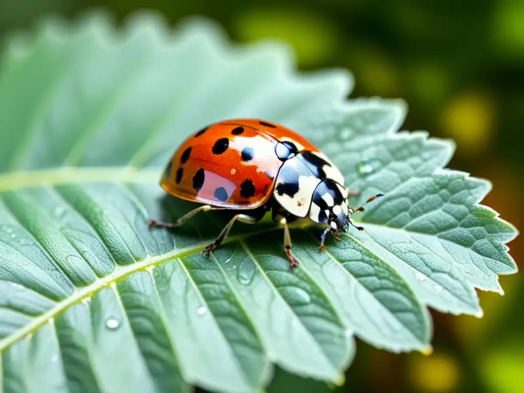 Una mariquita descansa en una hoja verde vibrante, con sus alas desplegadas, mostrando sus patrones y detalles