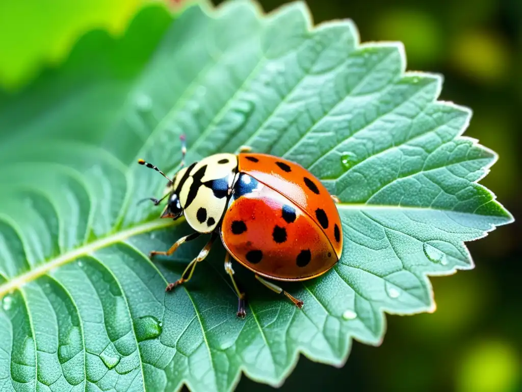 Una mariquita en una hoja verde vibrante, con sus alas rojas y negras desplegadas