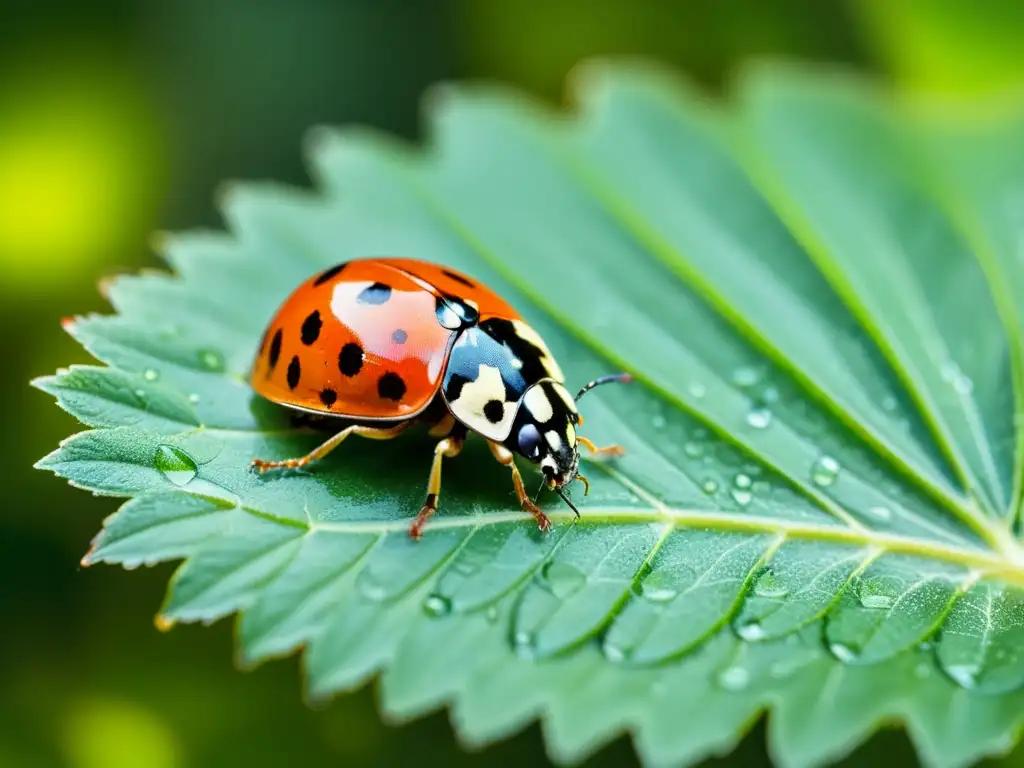 Una mariquita descansa sobre una hoja verde vibrante, con gotas de rocío, en una imagen detallada