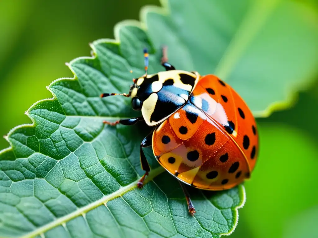 Una mariquita descansa sobre una hoja verde vibrante, mostrando su delicado cuerpo rojo con puntos y alas transparentes