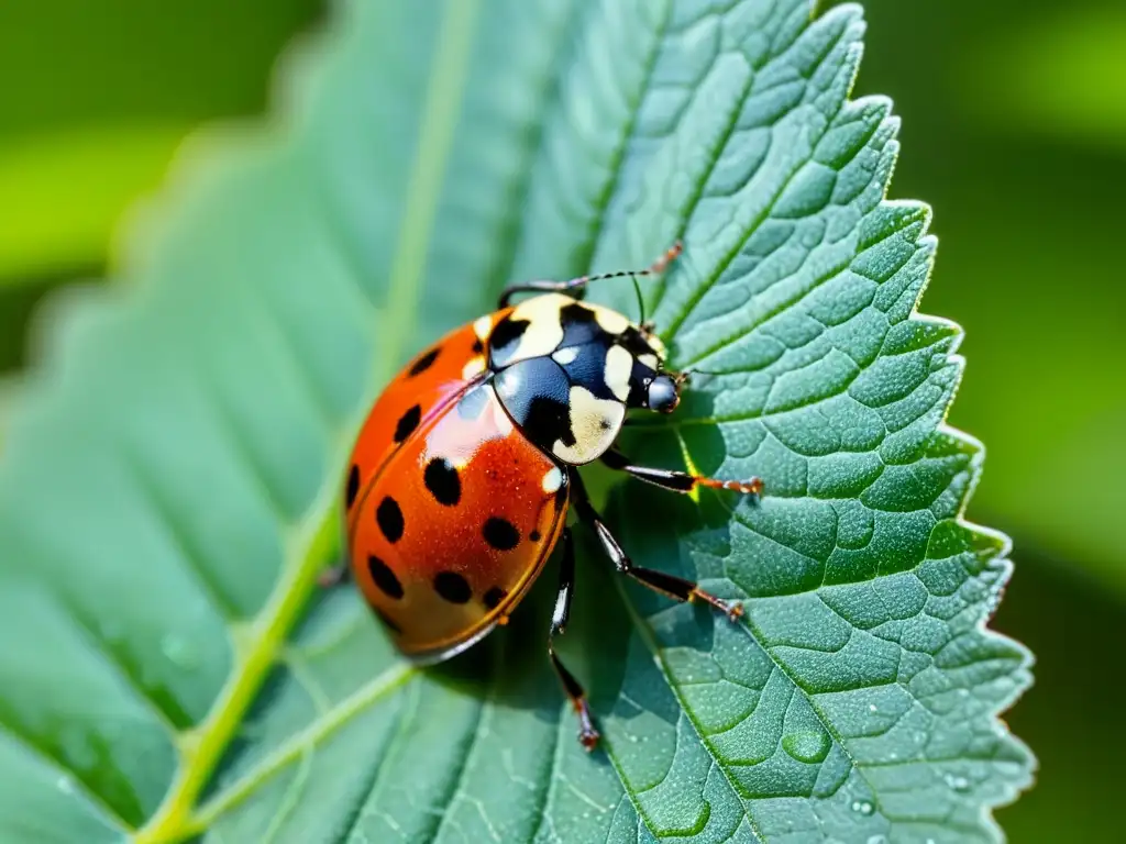 Una mariquita descansa sobre una hoja verde vibrante, con sus alas iridiscentes y su caparazón rojo y negro brillando