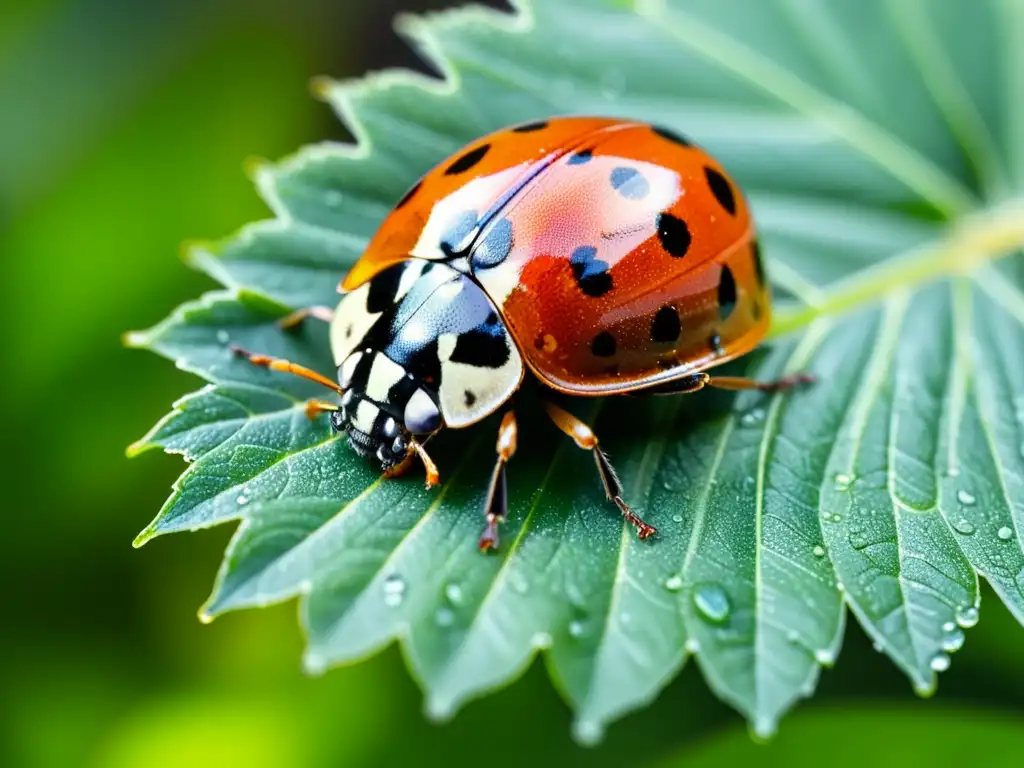 'Una mariquita descansa sobre una hoja verde vibrante con gotas de rocío, creando un brillo fascinante