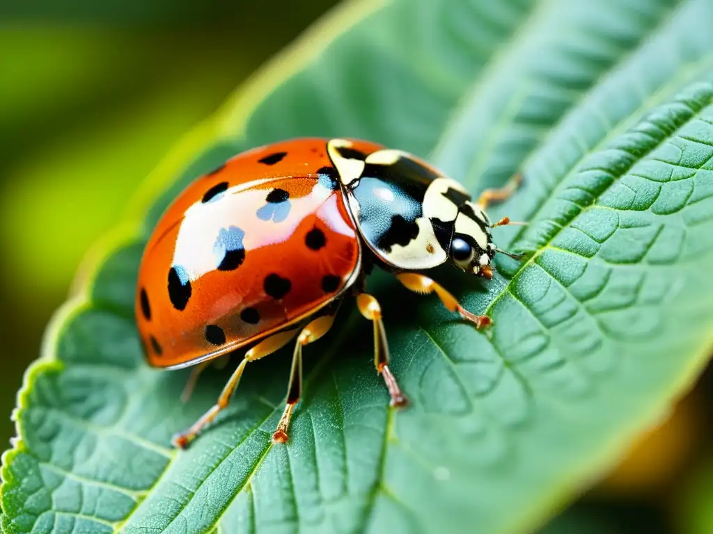 Una mariquita descansa en una hoja verde vibrante, mostrando su belleza natural