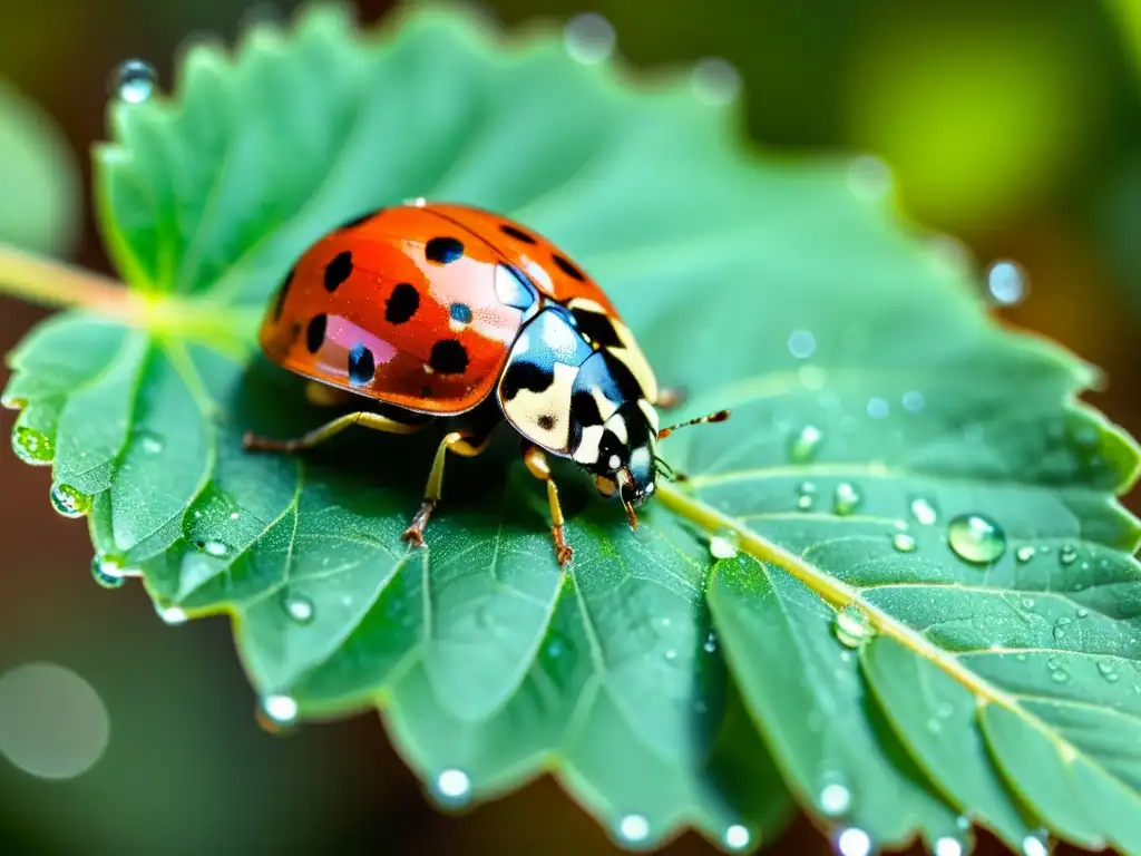 Una mariquita en una hoja verde vibrante, con gotas de agua brillantes