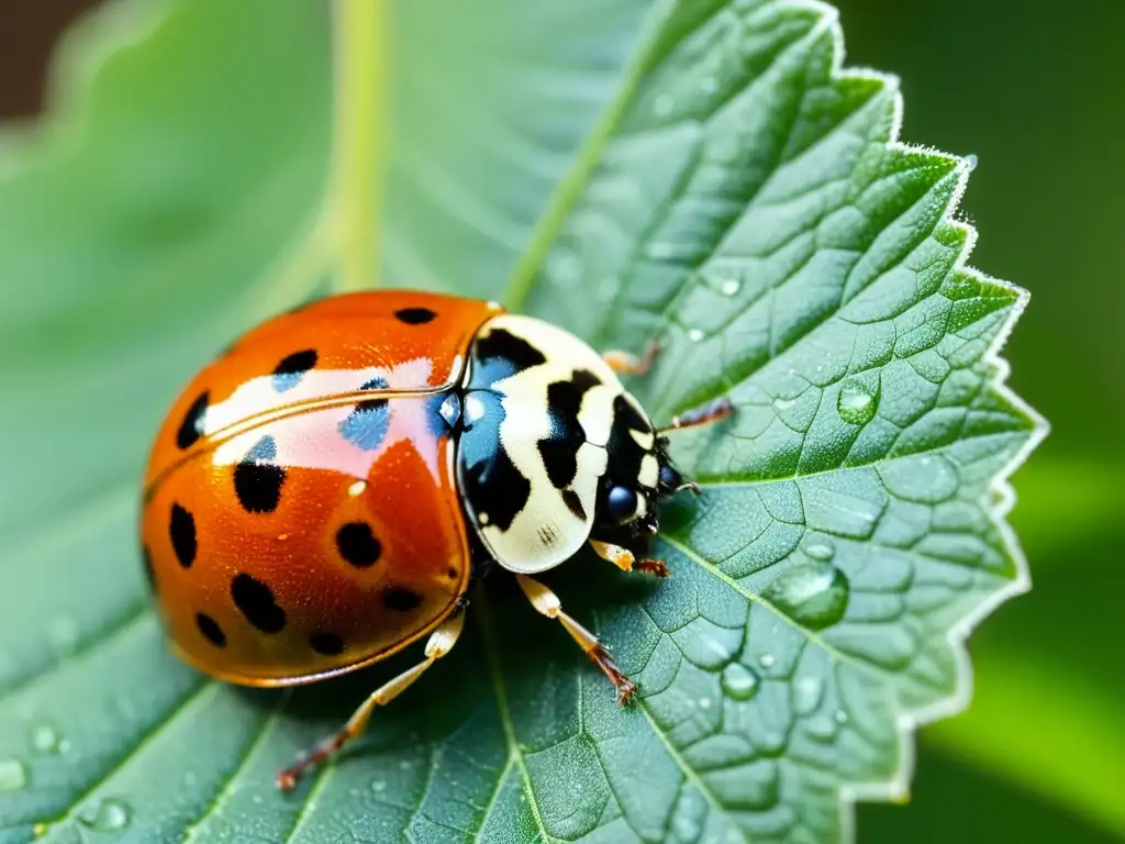 Una mariquita descansa sobre una hoja verde vibrante, con detalles intrincados en sus alas rojas y negras, bajo la luz solar