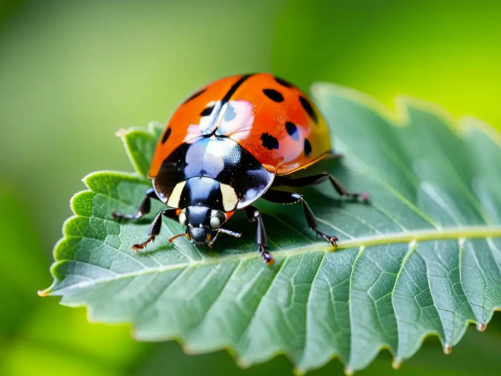 Una mariquita descansa en una hoja verde vibrante, con sus alas desplegadas, destacando sus brillantes colores y patrones