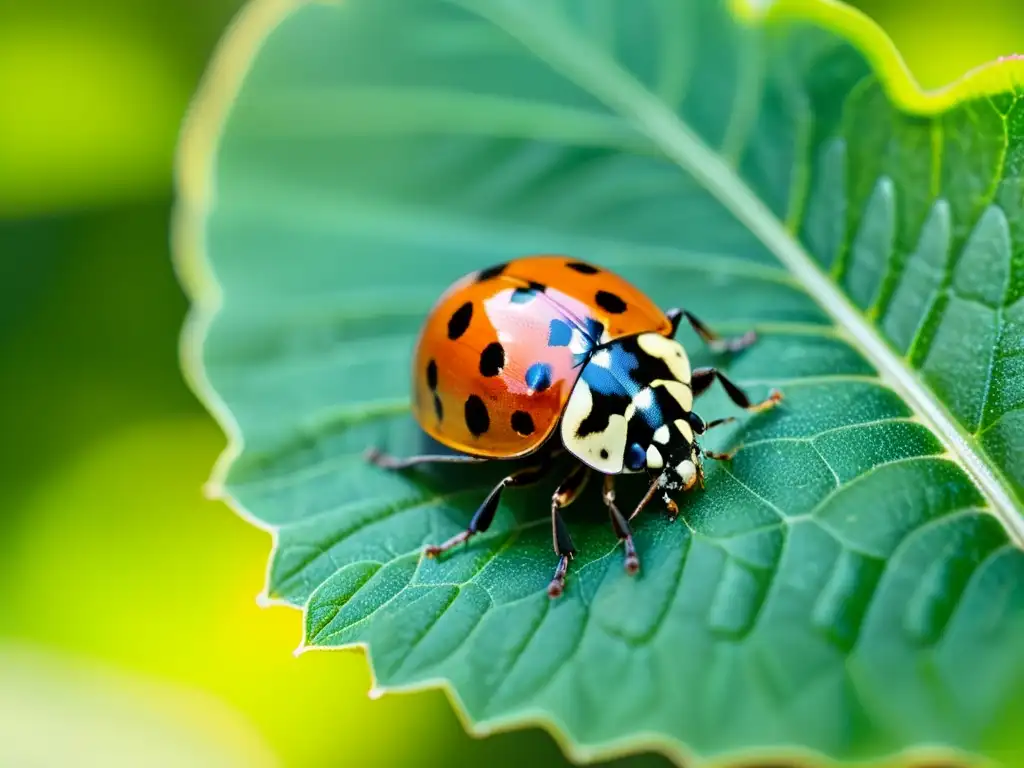 Una mariquita descansa en una hoja verde vibrante, con detalles ultrafinos de sus alas translúcidas, manchas negras y finos vellos