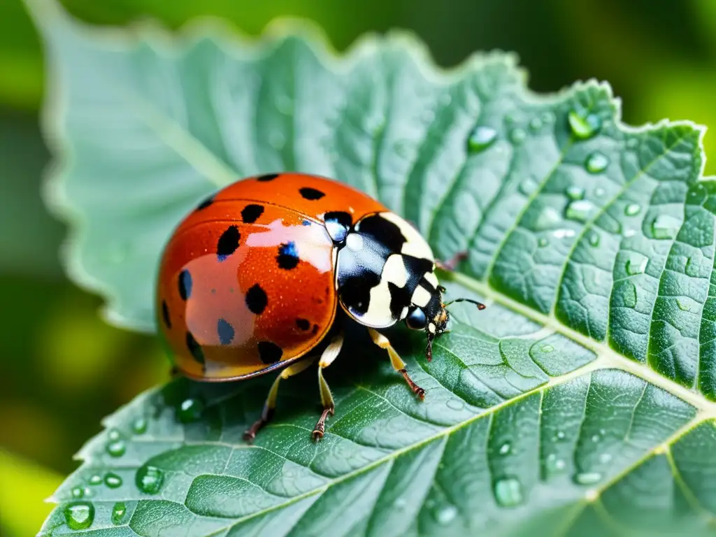 Una mariquita descansando en una hoja verde vibrante, con gotas de agua y un brillo etéreo