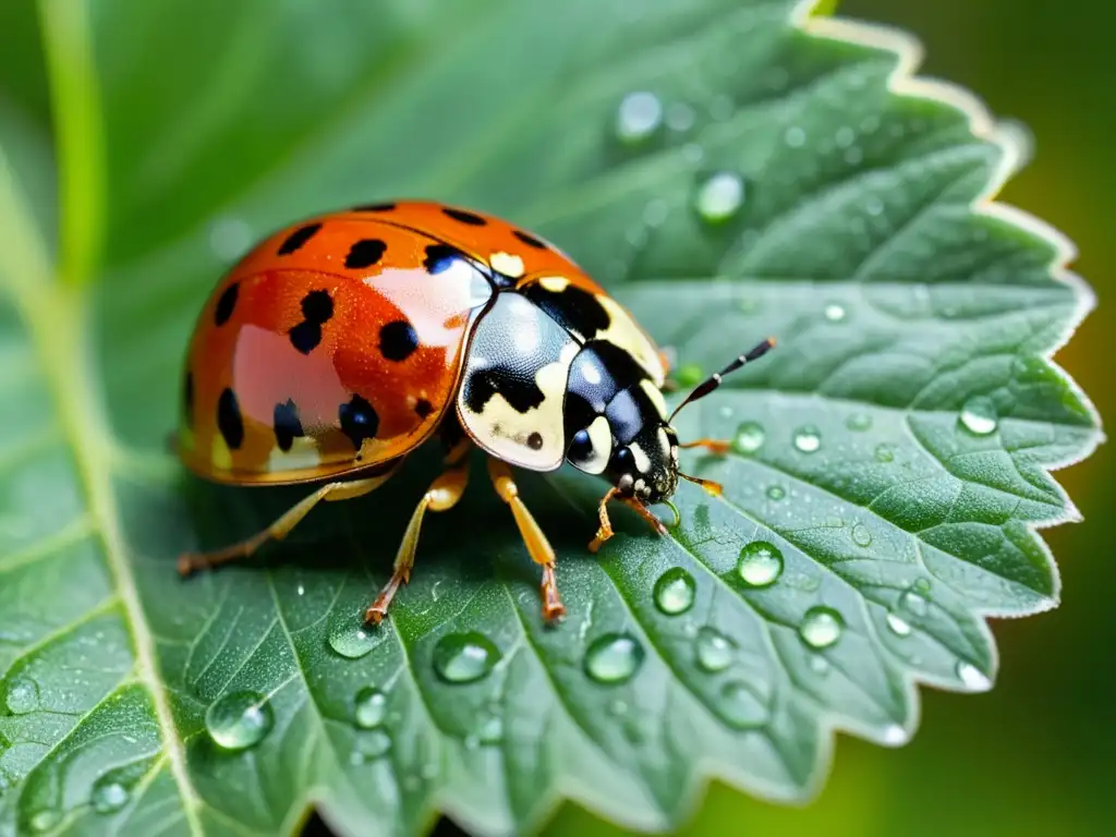 Una mariquita en una hoja vibrante con gotas de agua, muestra la importancia de los insectos en agricultura regenerativa