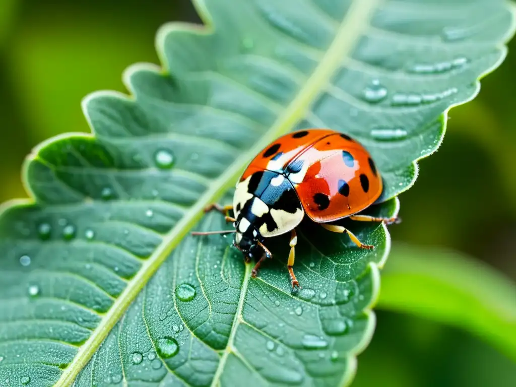 Una mariquita explorando las hojas verdes, con patrones detallados y gotas de rocío