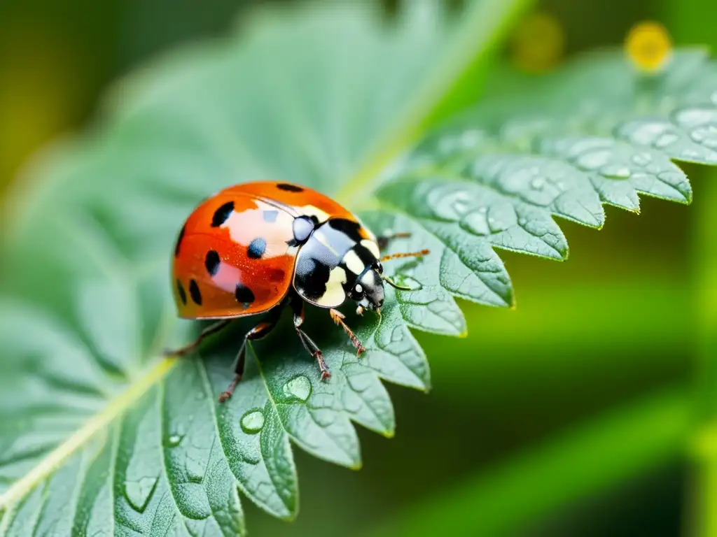 Una mariquita en las hojas verdes de una planta de tomate, bajo la luz del sol, muestra la sinergia entre plantas e insectos