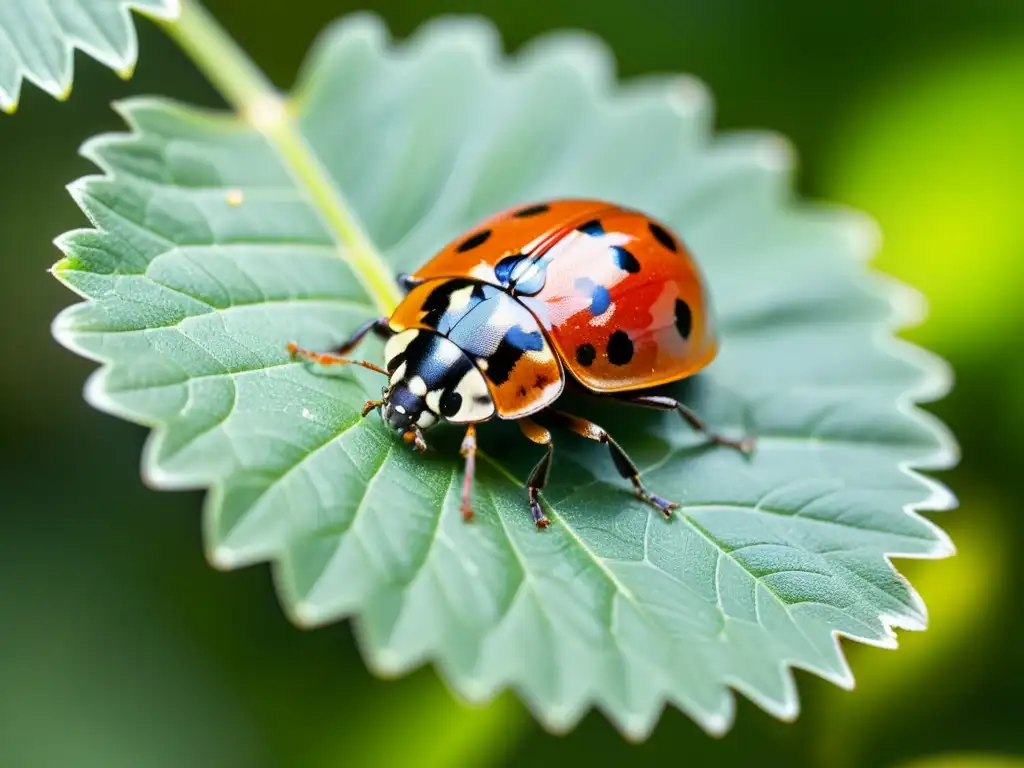 Una mariquita posada en una hoja verde, sus alas delicadas y su caparazón rojo brillan bajo el sol