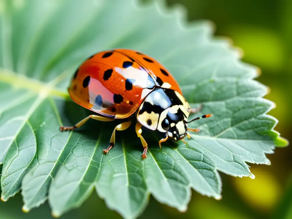 Una mariquita posada en una hoja verde, con sus detallados colores y texturas a la luz del sol