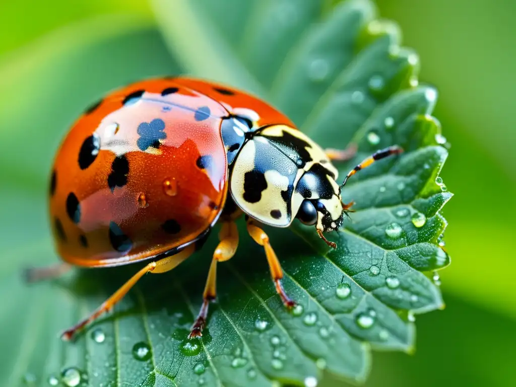 Una mariquita posada en una hoja verde vibrante con gotas de agua