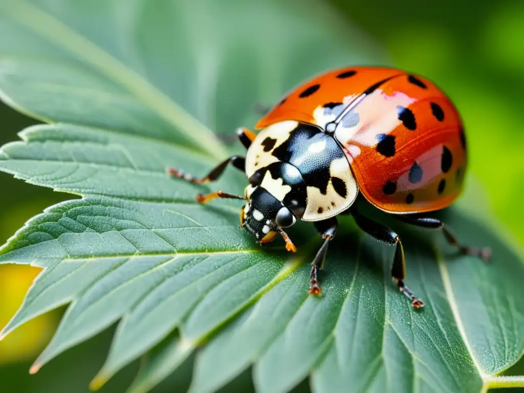 Una mariquita posada en una hoja verde con detalles asombrosos