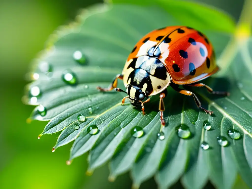 Una mariquita posada en una hoja verde brillante, rodeada de gotas de agua