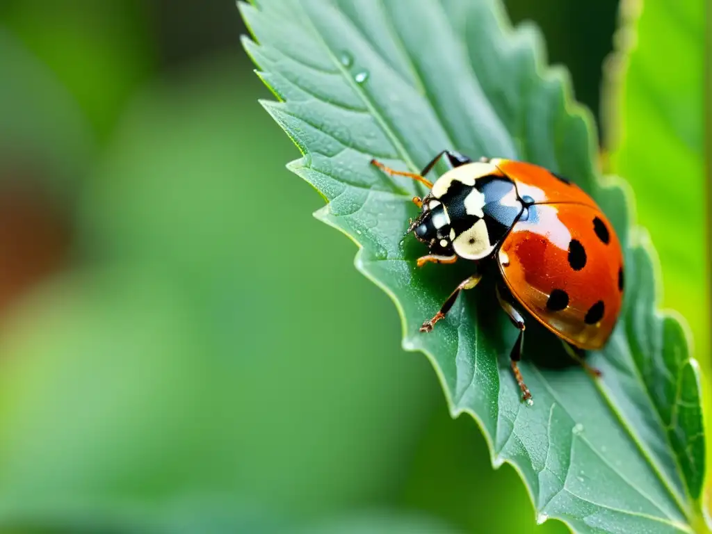 Una mariquita posada en una hoja verde brillante, con sus alas rojas y negras detalladas, patas delicadas y gotas de agua