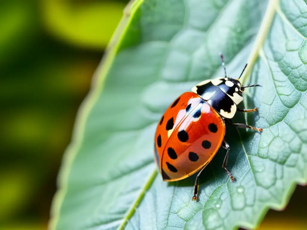 Una mariquita delicadamente posada en una hoja verde, cazando pulgones