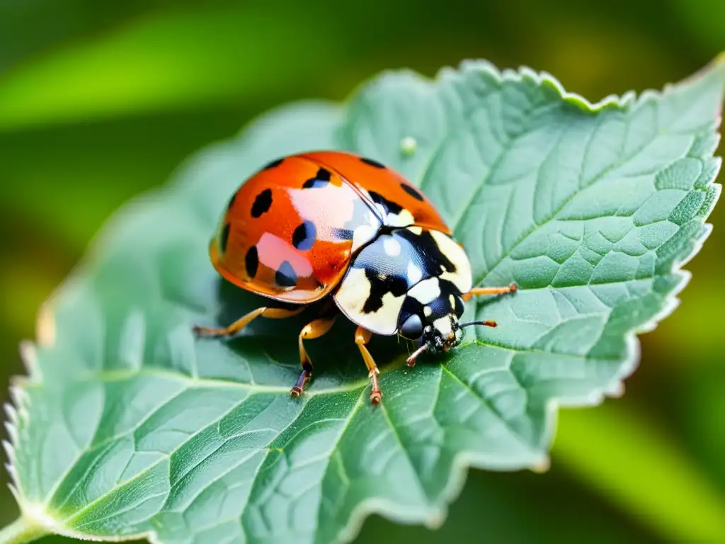 Una mariquita en primer plano sobre una hoja verde, destacando su caparazón rojo y negro