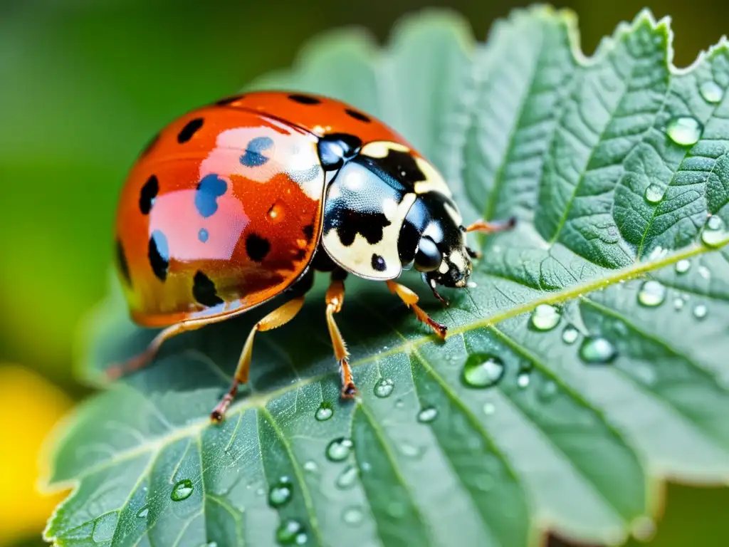 Una mariquita en primer plano descansa sobre una hoja verde, con gotas de agua