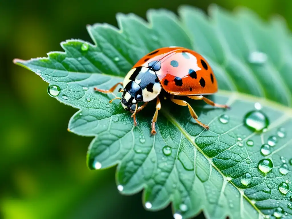 Una mariquita roja brillante descansa sobre una hoja verde vibrante con gotas de rocío