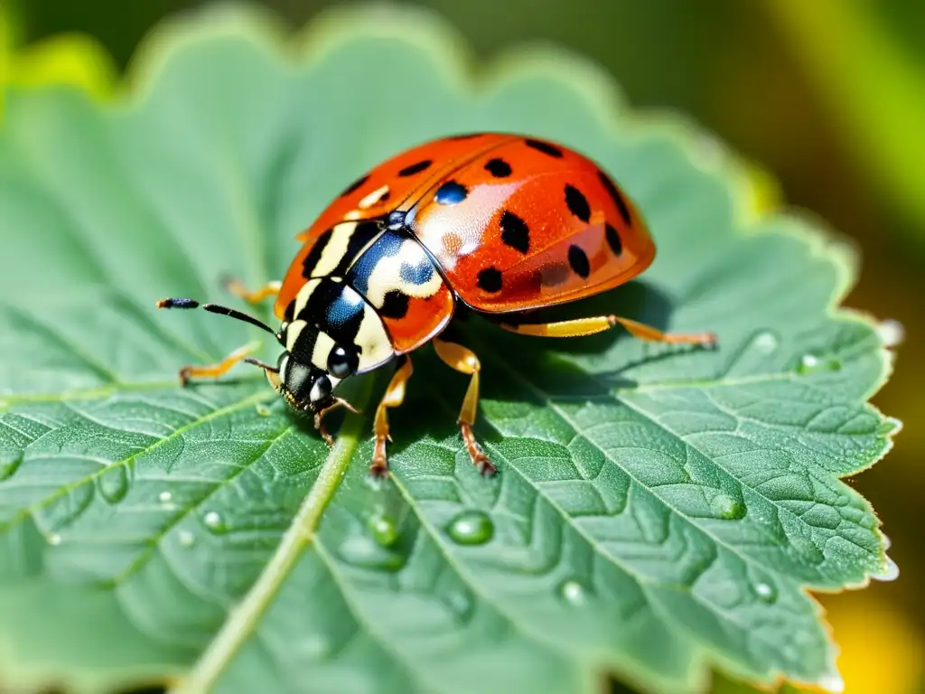 Una mariquita roja brillante descansa sobre una hoja verde vibrante, rodeada de diminutos áfidos