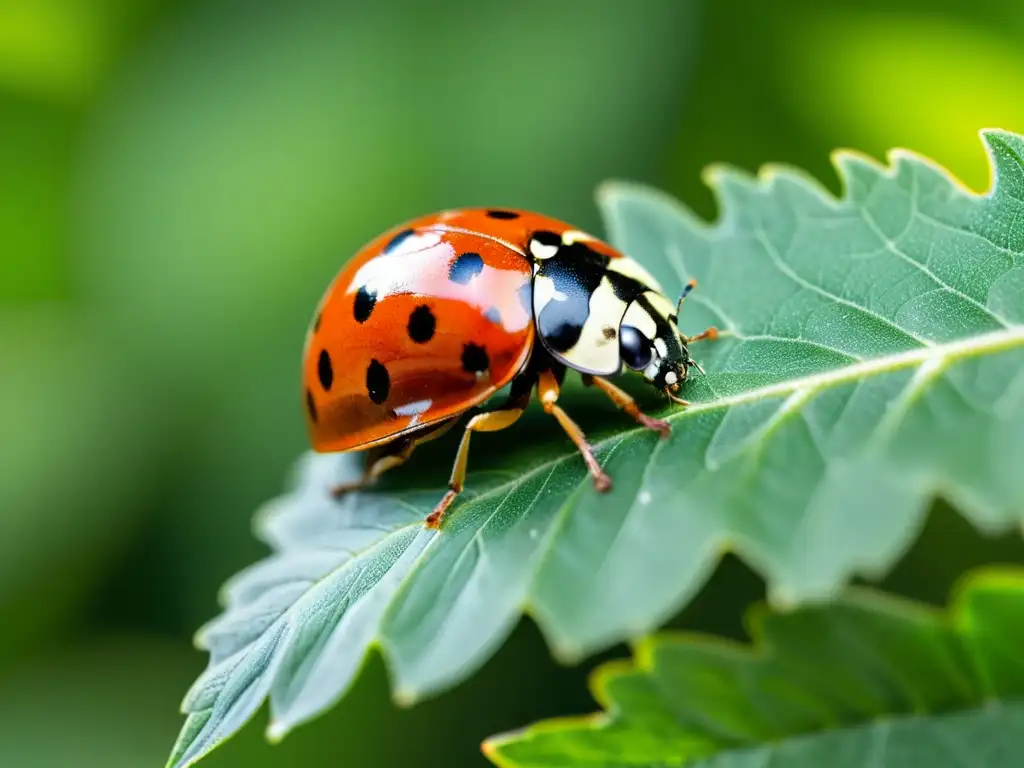 Una mariquita roja descansa en una hoja verde, resaltando la belleza natural