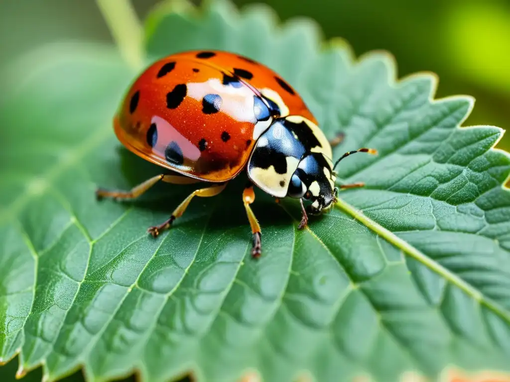 Una mariquita roja con manchas negras descansa en una hoja verde, mientras la luz del sol crea un ambiente cálido y detallado