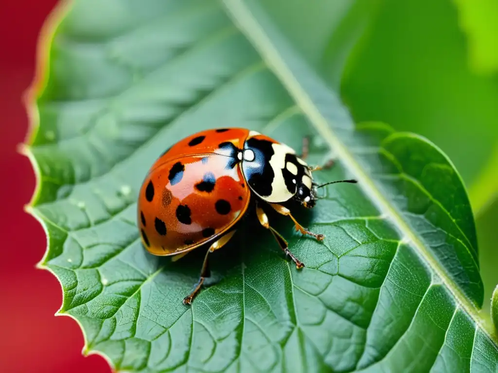 Una mariquita roja y negra con alas desplegadas sobre una hoja verde vibrante