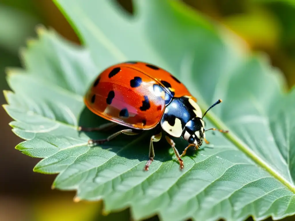 Una mariquita roja y negra en detalle sobre una hoja verde, con sus alas, manchas y belleza natural