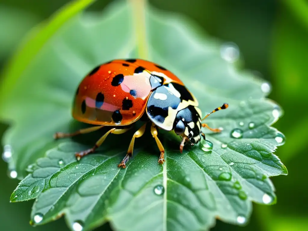 Una mariquita roja y negra descansa en una hoja verde con gotas de agua, resplandeciendo bajo la luz solar