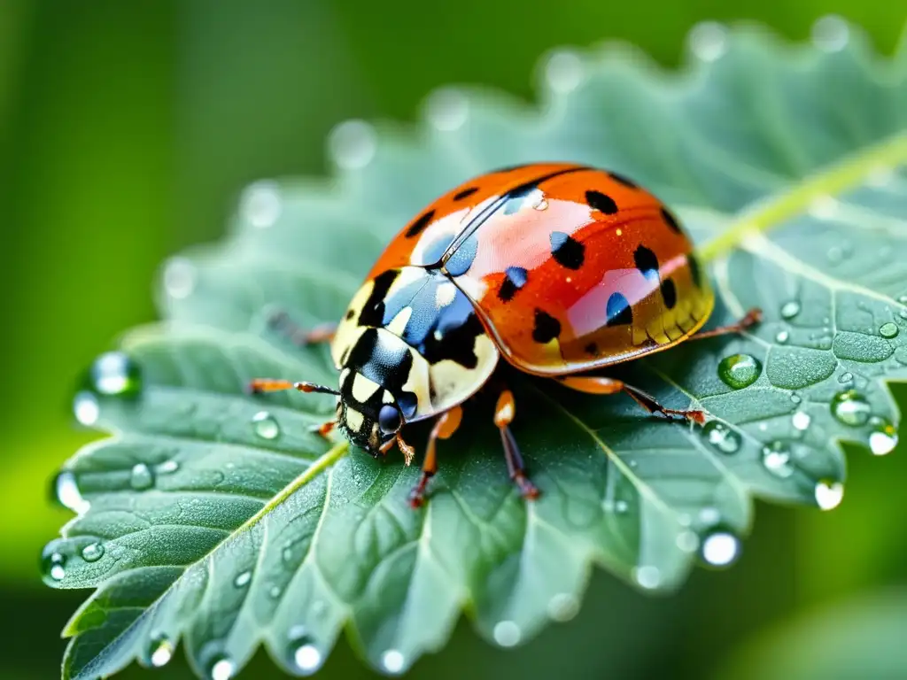 Una mariquita roja y negra en una hoja verde, con delicadas gotas de agua