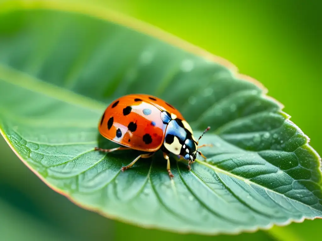 Una mariquita roja y negra en una hoja verde brillante, mostrando la importancia del tamaño en insectos