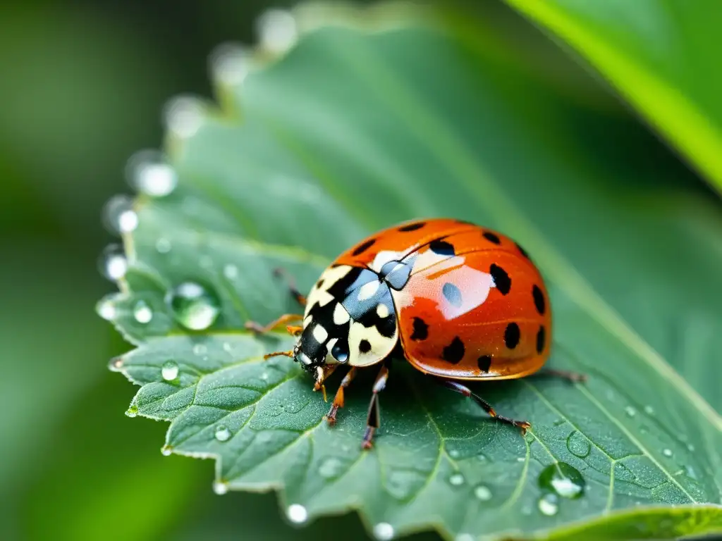 Una mariquita roja y negra descansa sobre una hoja verde con delicadas gotas de agua