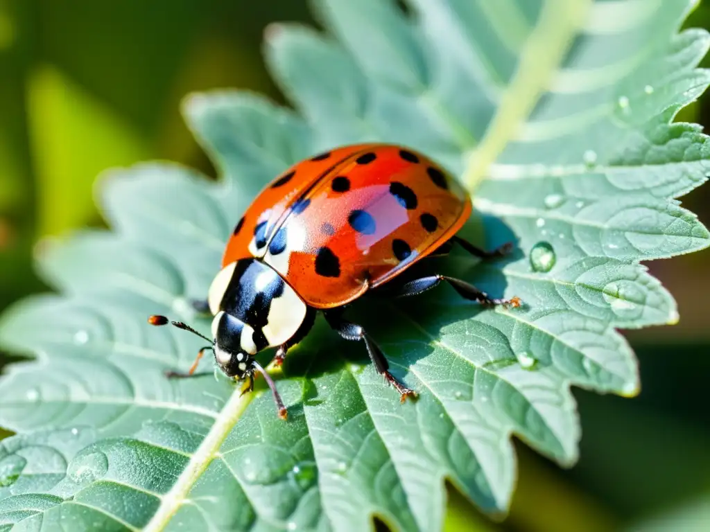 Una mariquita roja y negra en una hoja verde, manteniendo jardín libre áfidos