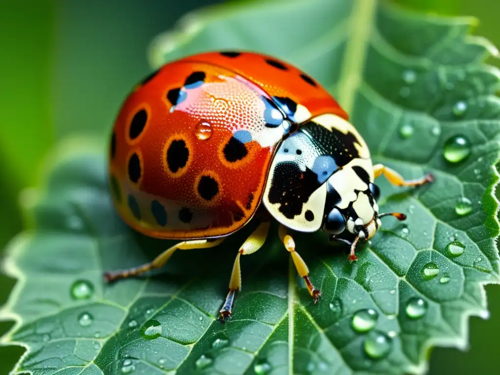 Una mariquita roja y negra en una hoja con gotas de agua, capturando la vida microscópica